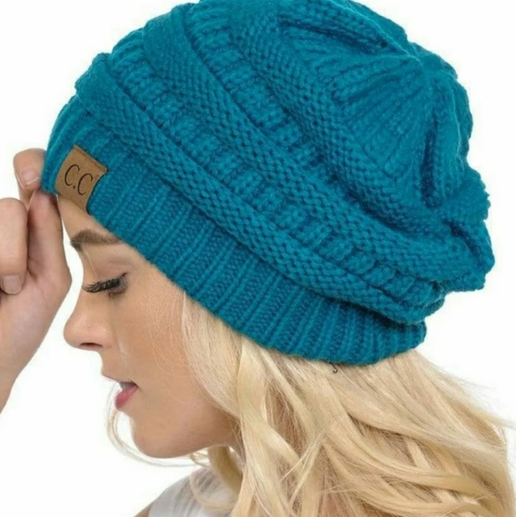 NWT Teal Blue CC Beanie Cable Knit Winter Slouchy Cap Hat - Picture 4 of 7